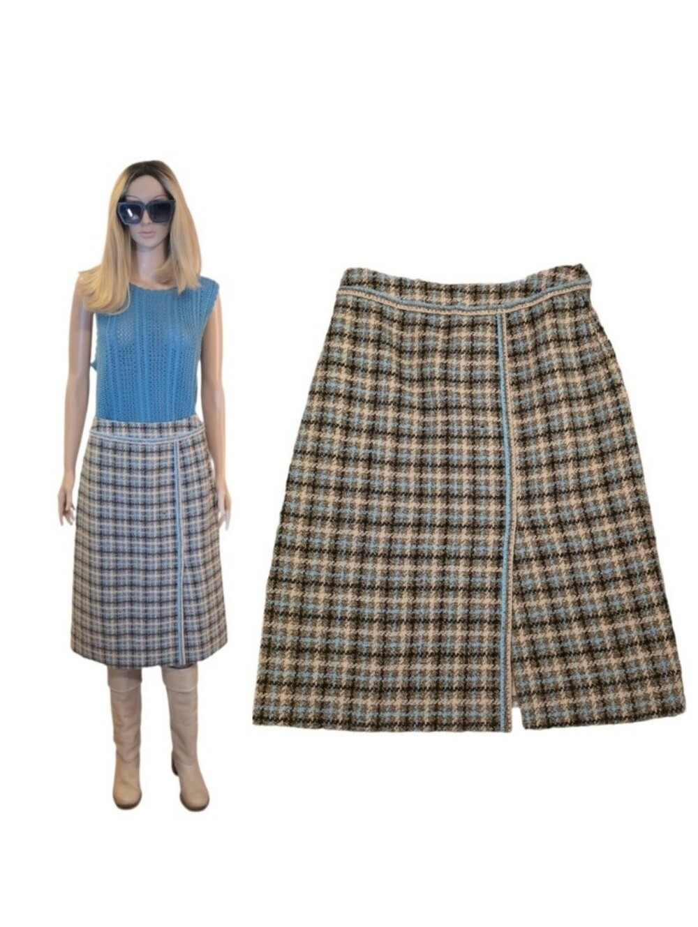 Vintage Houndstooth Plaid Faux-Wrap Midi Skirt with Crochet Trim Accents